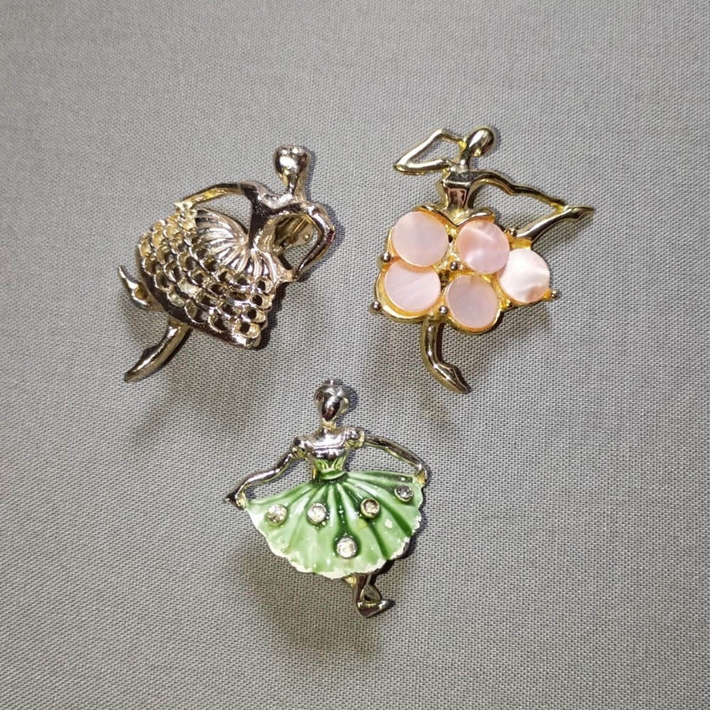 3 Vintage Gold Tone Ballerina Dancer Pearly Dress Green Dress Brooch Pin